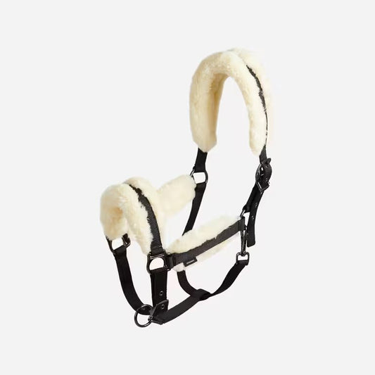 FOUGANZA Horse Riding Synthetic Sheepskin Halter for Horse (Halter Only) - Black/Beige