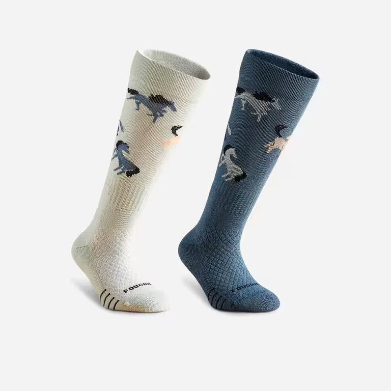 FOUGANZA Kids' Horse Riding Socks - Burgundy/Linen Patterns Pack of 2