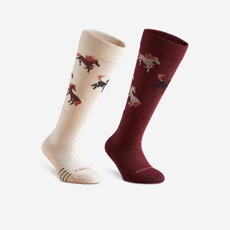 FOUGANZA Kids' Horse Riding Socks - Burgundy/Linen Patterns Pack of 2